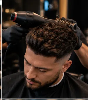 Barber blow drying and styling a textured haircut with a round brush