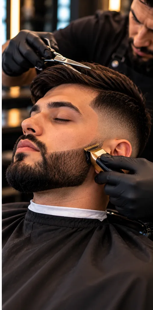Barber trimming a client's beard and hair with clippers and scissors