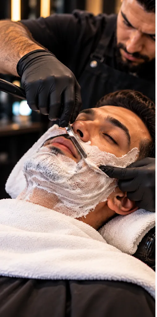 Barber performing a hot towel straight razor shave on a client
