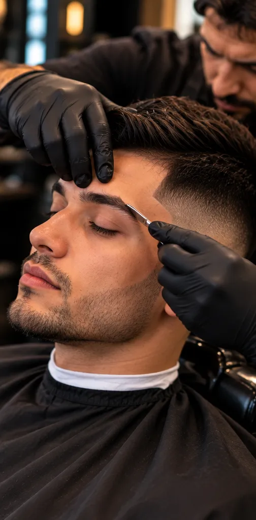 Barber shaping a client's eyebrows during a regular haircut