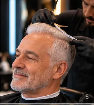 Senior client having his hair cut with scissors