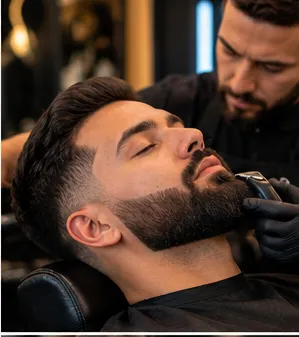 Client getting a haircut and full beard shaped at the chair