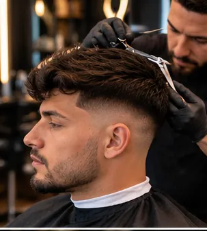 Regular haircut with a clean fade being finished by a barber