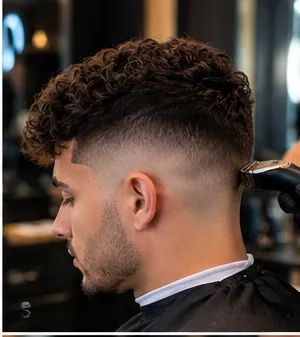 Curly top with a clean skin fade blended on the sides